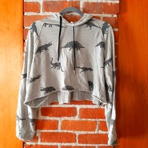 Messy bun just chillin cropped gray dino hoodie